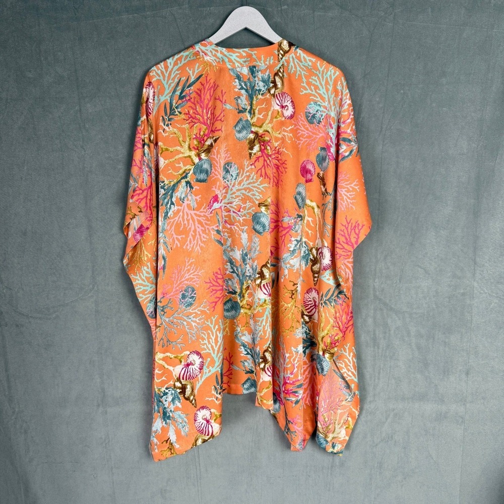 Chicos Open Kimono Slip Orange L/XL Seashell Print Beaded Bright Vacation Beach - Picture 2 of 16